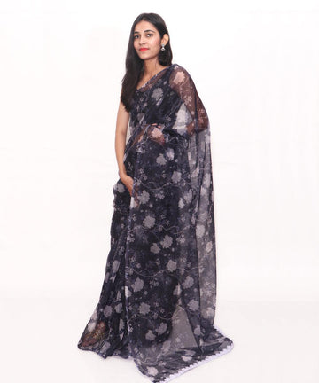 Indigo Blue Colour Floral Print Soft Pure Organza Silk Saree